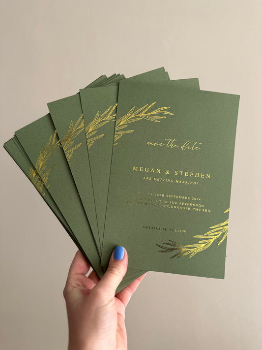 A5 Moss green and Gold foil SAVE THE DATE